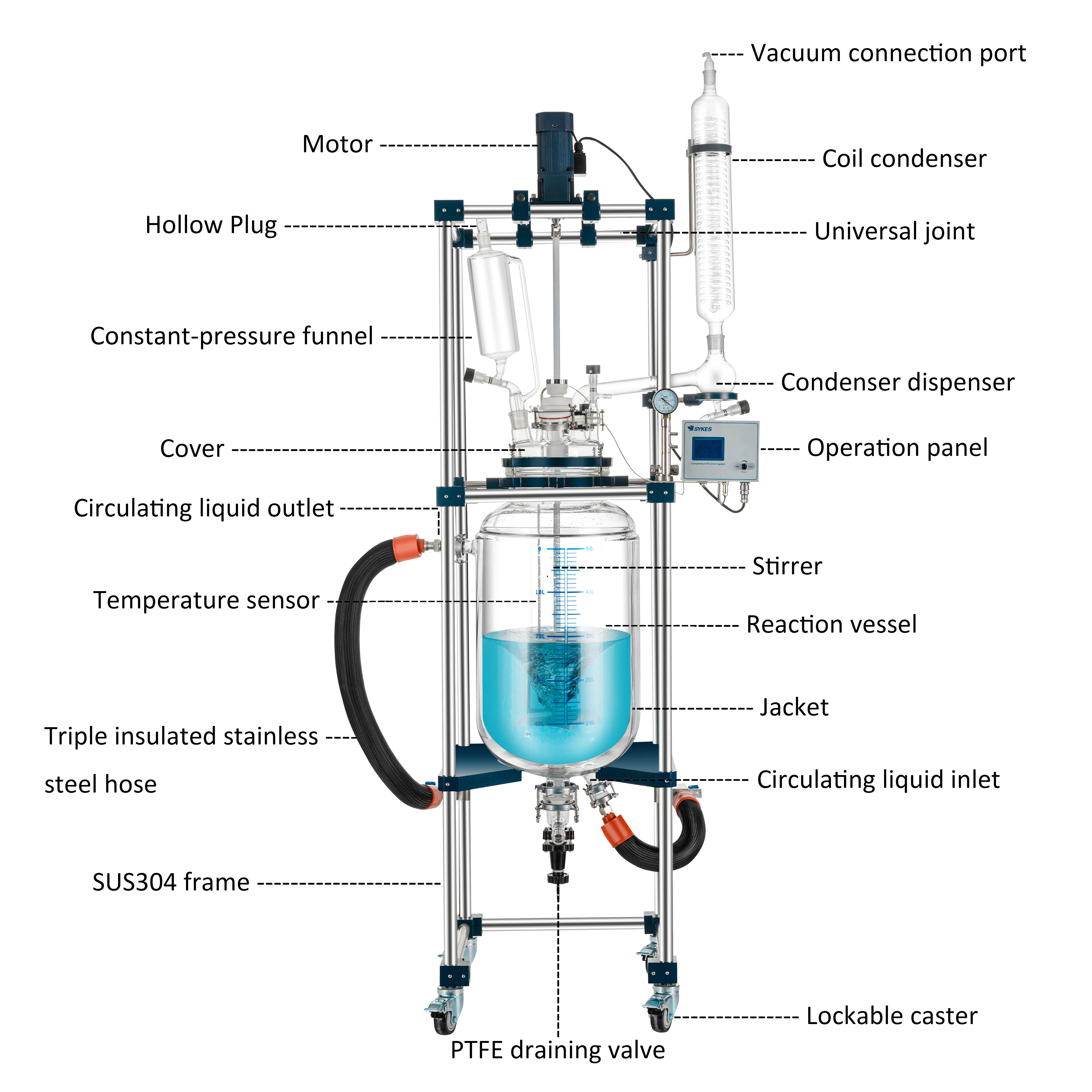 Bioreactor 30L High Borosilicate Glass Motor Drived Continuous Stirring Two Walled Glass Reactor China