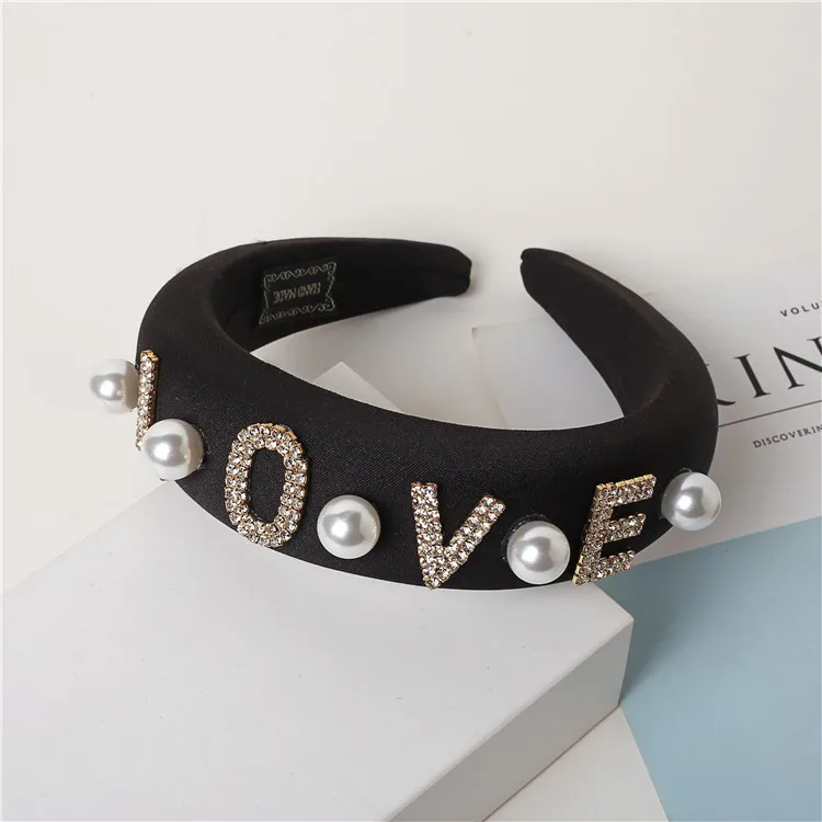 2021 Fashion Black Sponge PADDED Boss Letters Boujee Queen Crystal Baroque Bead Headband Lurex Rhinestone Headband