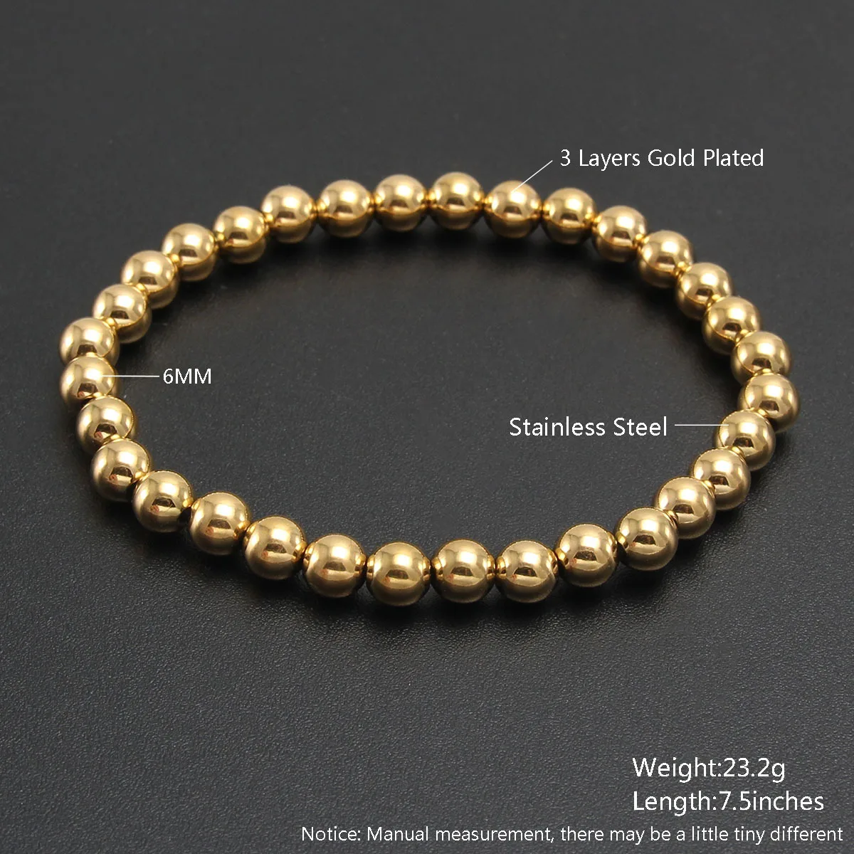 New Fashion Gold Plated Ball Bracelets Diameter 2-10mm Smooth Stainless Steel Bead Elastic Bracelet bijoux en acier inoxydable