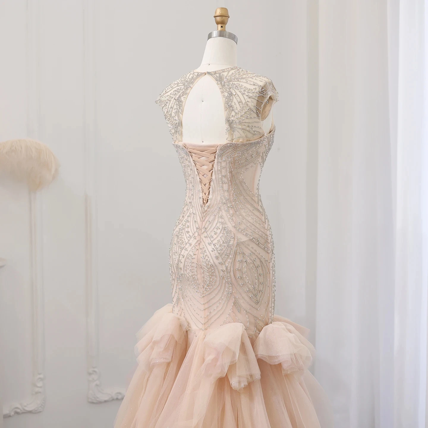 Dubai Luxury Champagne Crystal Mermaid Evening Dress