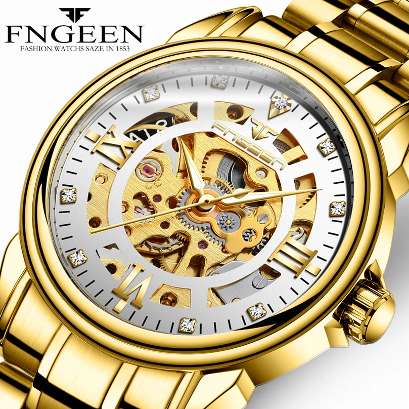 FNGEEN 0014 king golden mens mechanical watch creative steel band water resistant auto winder Leisure wristwatch