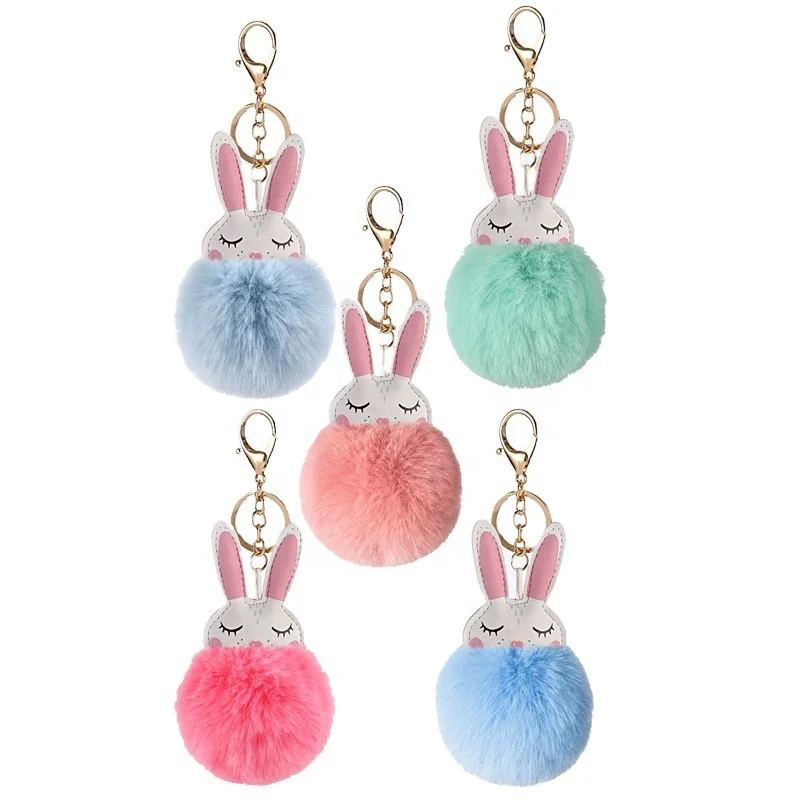 Cute Rabbit Fur Pompom Keychain Faux Fur Fluffy Key Ring for Women Girls Bag Car Keyring