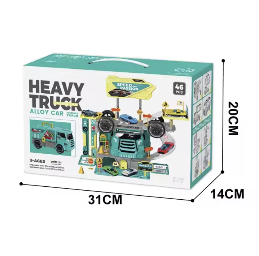 QW 46PCS DIY Kids Children Role Play Game Assembly Track Speed Heavy Truck Alloy Car Plastic Portable Parking Lot Storage Toy