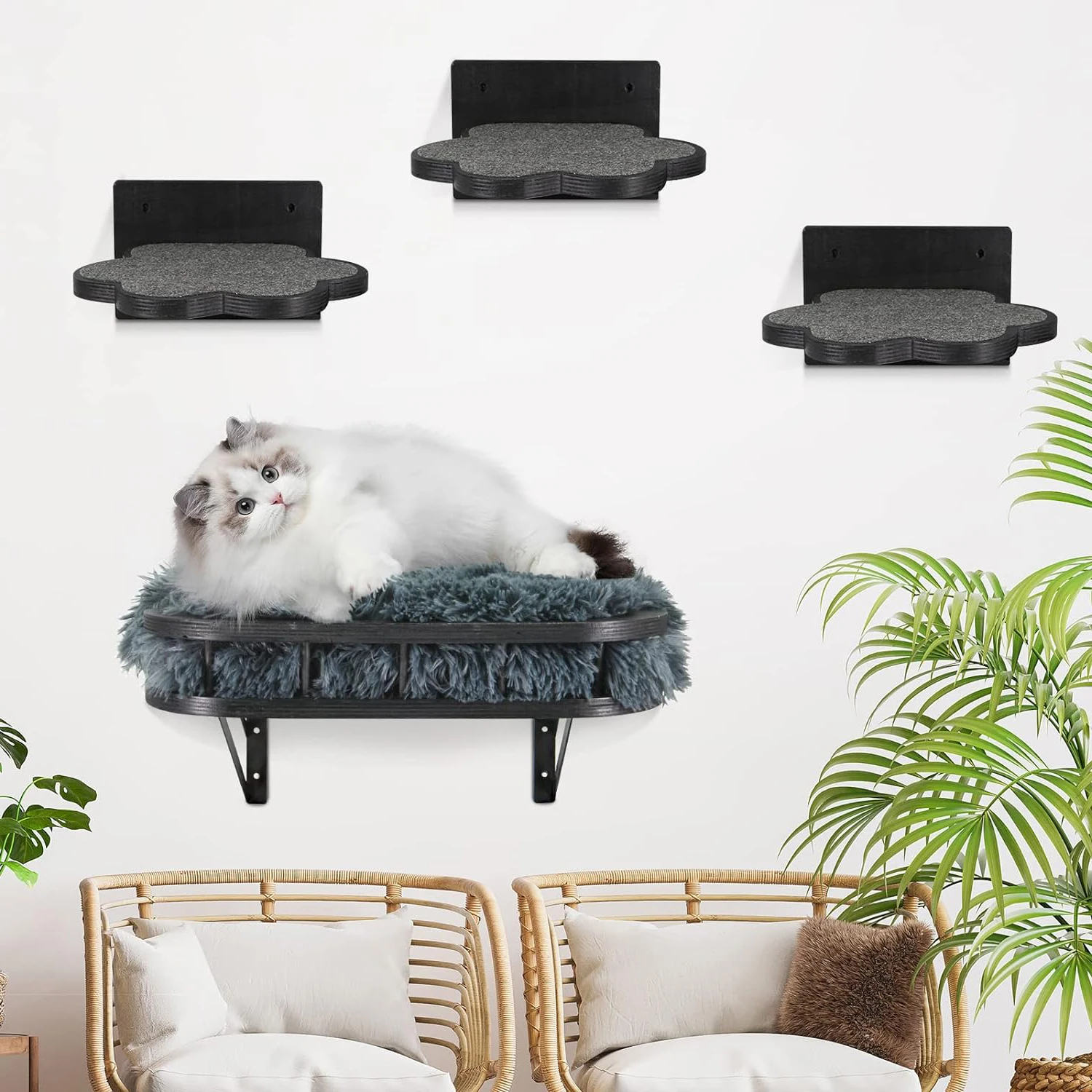 Cat Hammock Cat Wall Furniture with Cooling Mat and Plush Cushion and 3 Wall Steps Cat Climbing Shelf