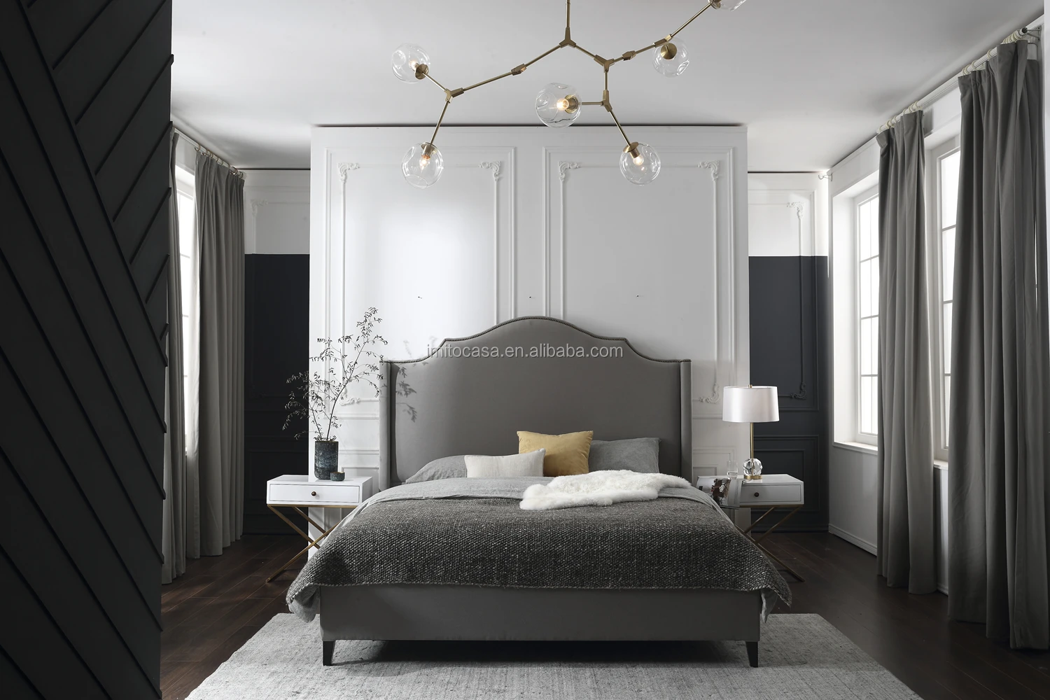 American Modern Home Furniture High Back Upholstered King Size Bed Black Fabric Double Retro Elegant Bed Bedroom Set