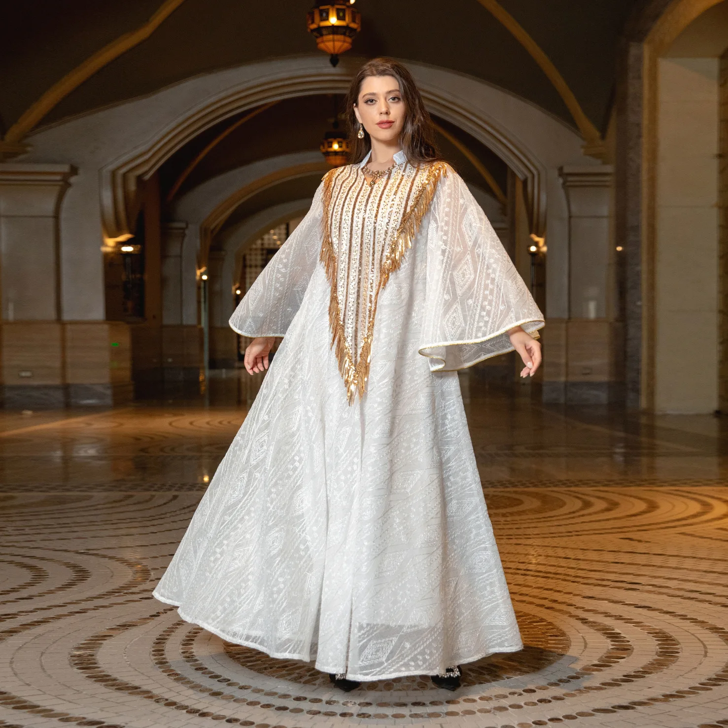 2023 Muslim Evening Gown Dubai Dress Hand Embroidered Sequin Arab Robe Islamic Dress for Women Eid White Abaya