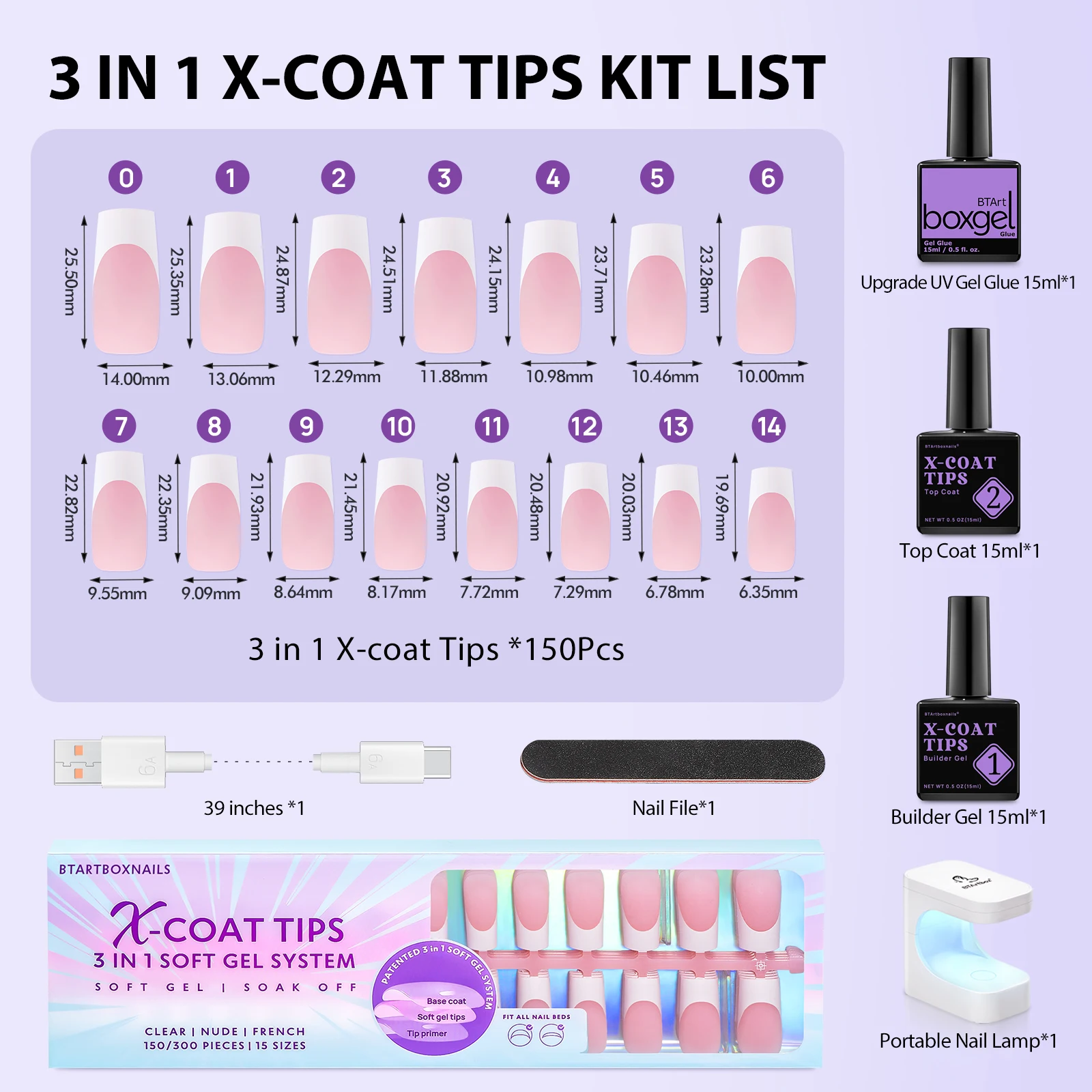 BTArtbox French Gel X Coat Tips Long Square Fake Nails With Glue Pink French Press On Nails UV Gel Artificial Nail Kit