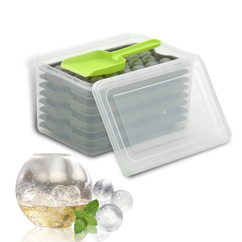 New Design 4 Pack  Plastic Mini Round Ice Cube Tray Easy Release Ice Ball Maker Mold with Bin and Scoop for Freezer