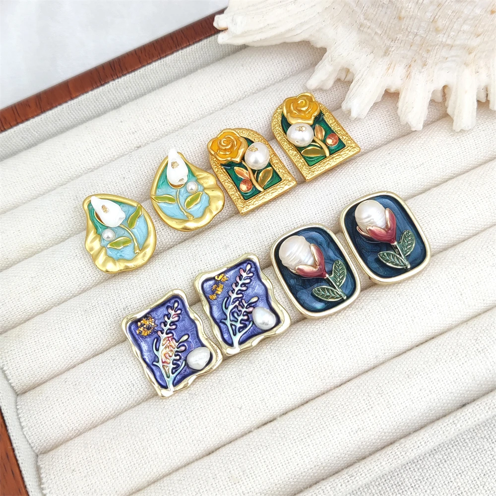 French oil painting style real baroque freshwater pearl pendant elegant flower rectangle earrings gold stud for birthday gifts