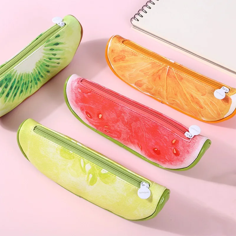 Fast shipping school stationery soft pen organizer bag watermelon fruit orange kiwi PU leather super cute pencil case