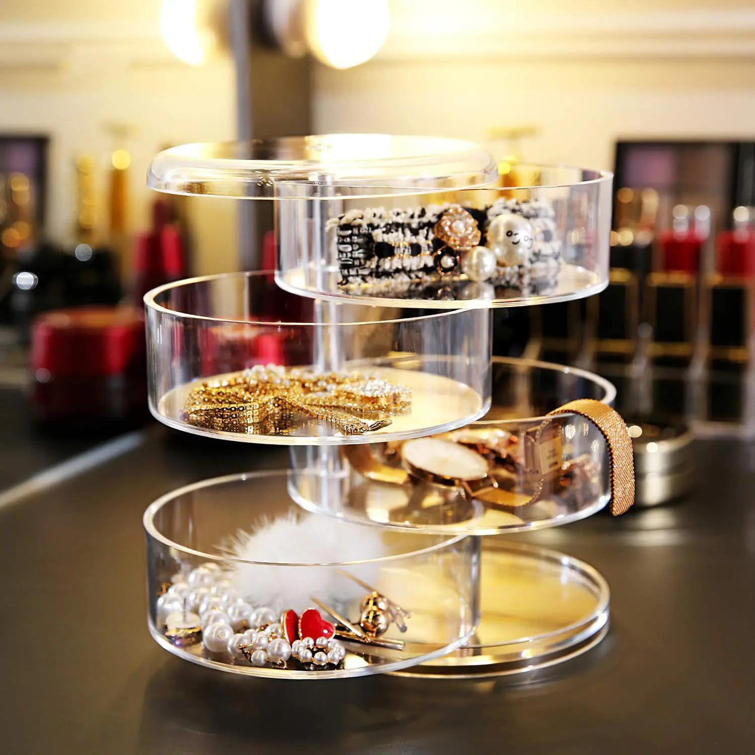 Stackable 4 Tier Round Clear Plastic Jewelry Rotating Storage tray With Lid Small Cylindrical Storage Case For Jewelry
