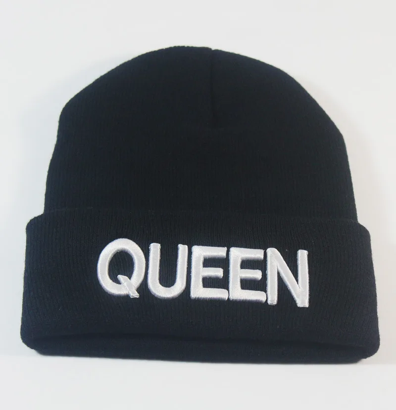 Couple Gifts Autumn Winter Spring Black White Gold King 3D Embroidery Acrylic Knitted Cap Beanie Hat for Men Women