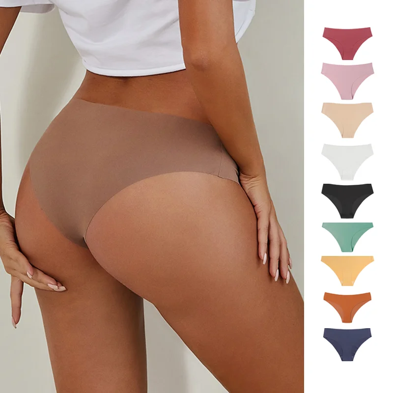 Wholesale Multi-Color Solid Low-rise Laser Cut No Show Underwear Thong Women Ice Silk Briefs Ladies Seamless Panties