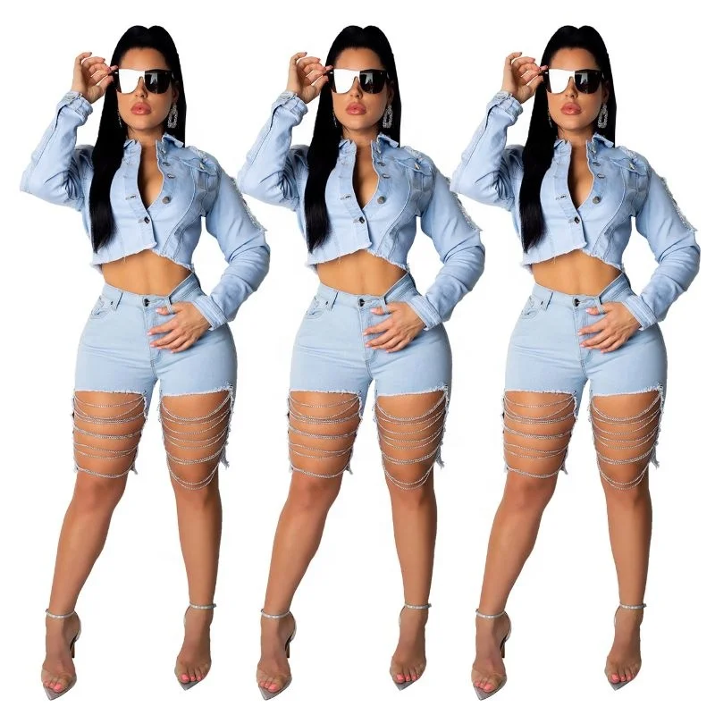 Fashion Breathable Sexy Women Fall Denim Coat Denim Shorts Two Piece Set Plus Size Women Clothing With Chain