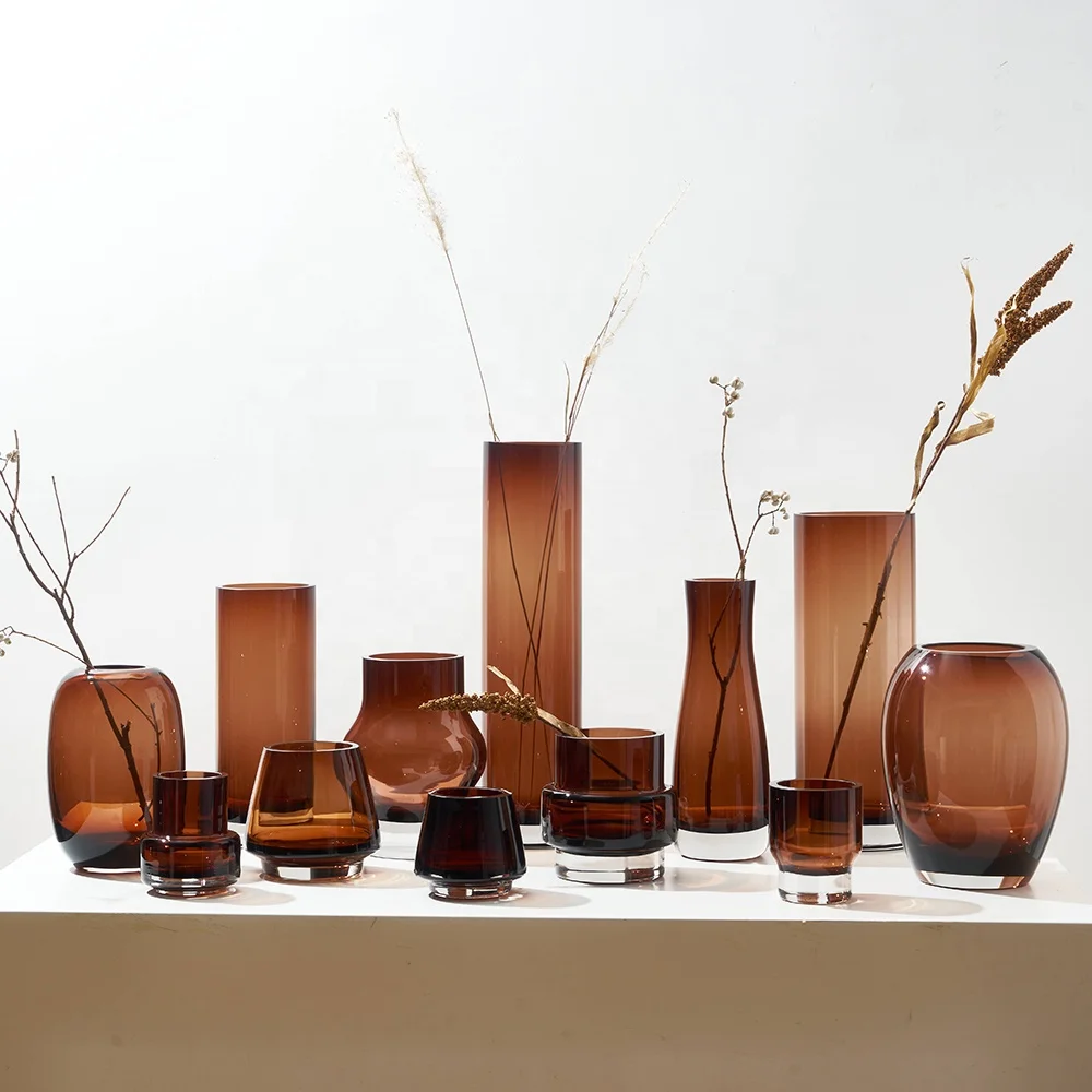 Bixuan Handblown Glass Vase Home Decor Table Centerpieces Cylinder Jar Shapes Dark Brown Solid Color Glass Wedding Flower Vases