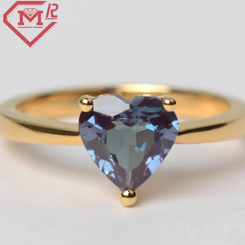 Special Design 10k 14k 18k Gold Fine Rings June Birthstone Heart Cut Gemstone Solitaire Lab Alexandrite Rings
