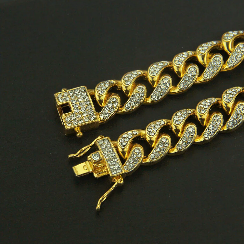Fashion Men Women Gold Silver Color Bracelet Hip Hop Punk Style Cuban Paved Clear Rhinestones Bangles for Mens Party