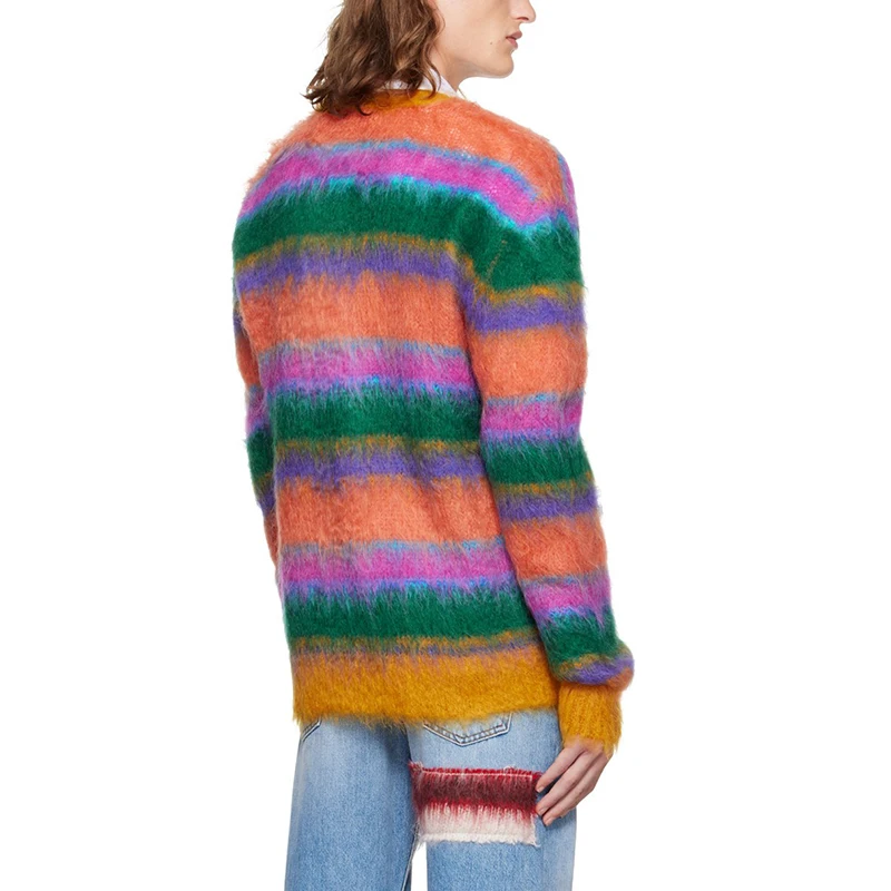 2023 Custom OEM & ODM mohair men sweater Fuzzy designer knitwear winter Striped mohair knitted custom Cardigan knit sweater men