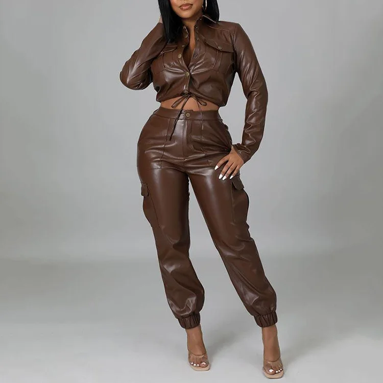 Women Fashion Pu Leather Jacket Set Long Sleeve Jacket Tops &Jogger Pants Two Piece Outfits Set
