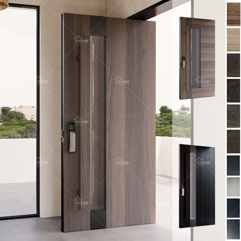 Yohome French Style Natural Solid Wood Panel Wooden Entryway Entrance Doors with Glass Large External Door Exterior