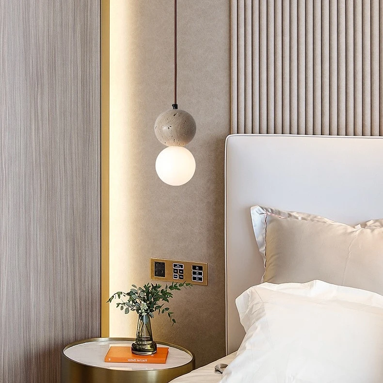 Hotel Restaurant Bedside Hanging Lamp Nordic Wabi Sabi Glass Ball Round Shape Marble Travertine Pendant Light