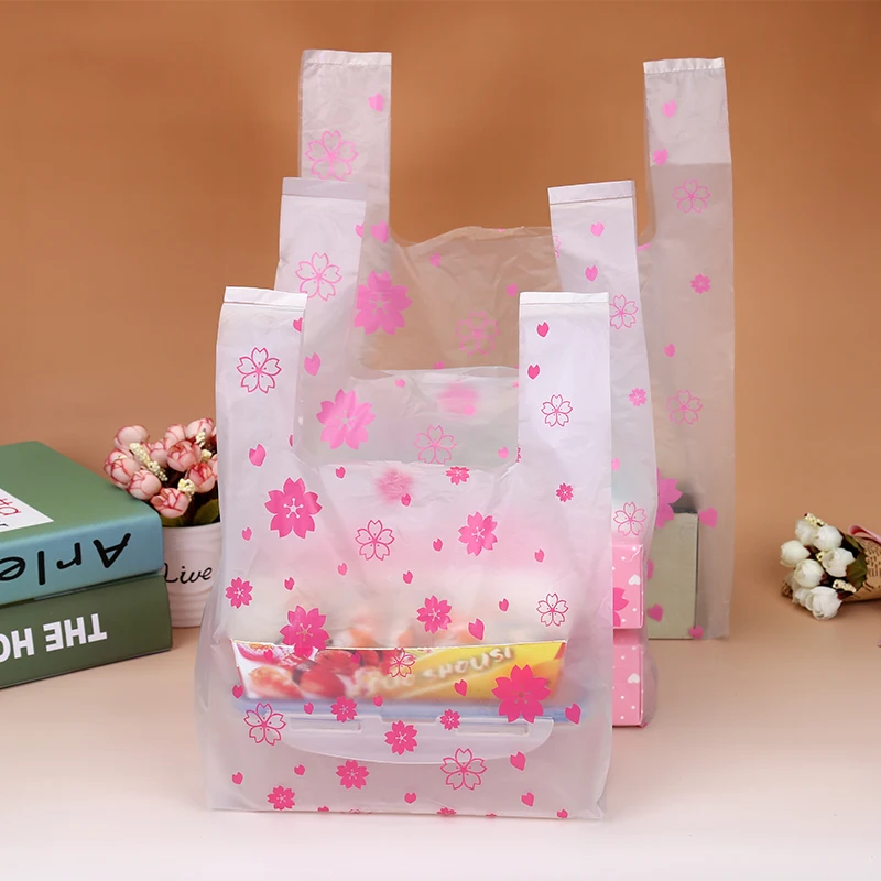 Custom Logo Pink Cherry Blossom Vest Gift Cosmetic Food Packaging Supermarket Shopping Plastic Bags