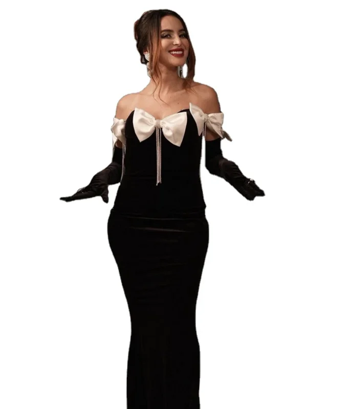 C3584 European And American Style Black Women Knitted Maxi Dress Bow Tassel Ladies Party Dress