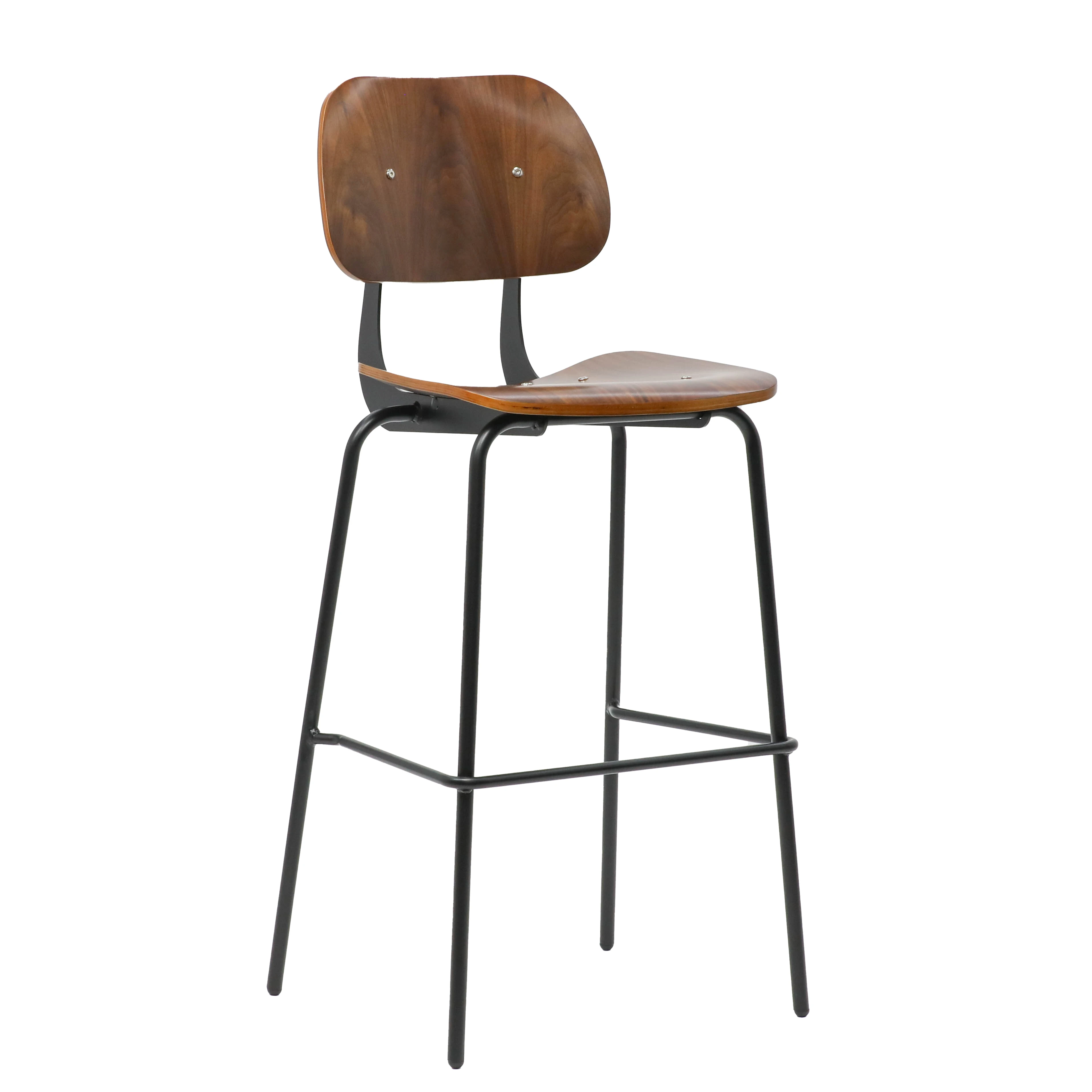 Dark Brown Walnut Veneer Plywood Bar Stools Metal And Wooden Bar Stool Chairs