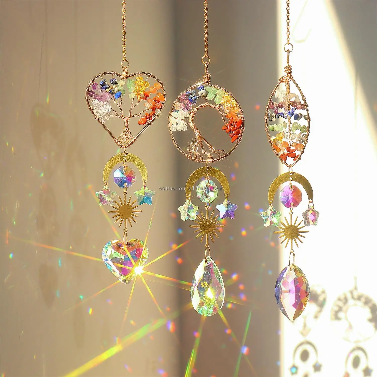 Golden Tree of Life Love Heart shaped Crystal Catcher Hanging Window Sun Prism Decoration Indoor Rainbow Maker