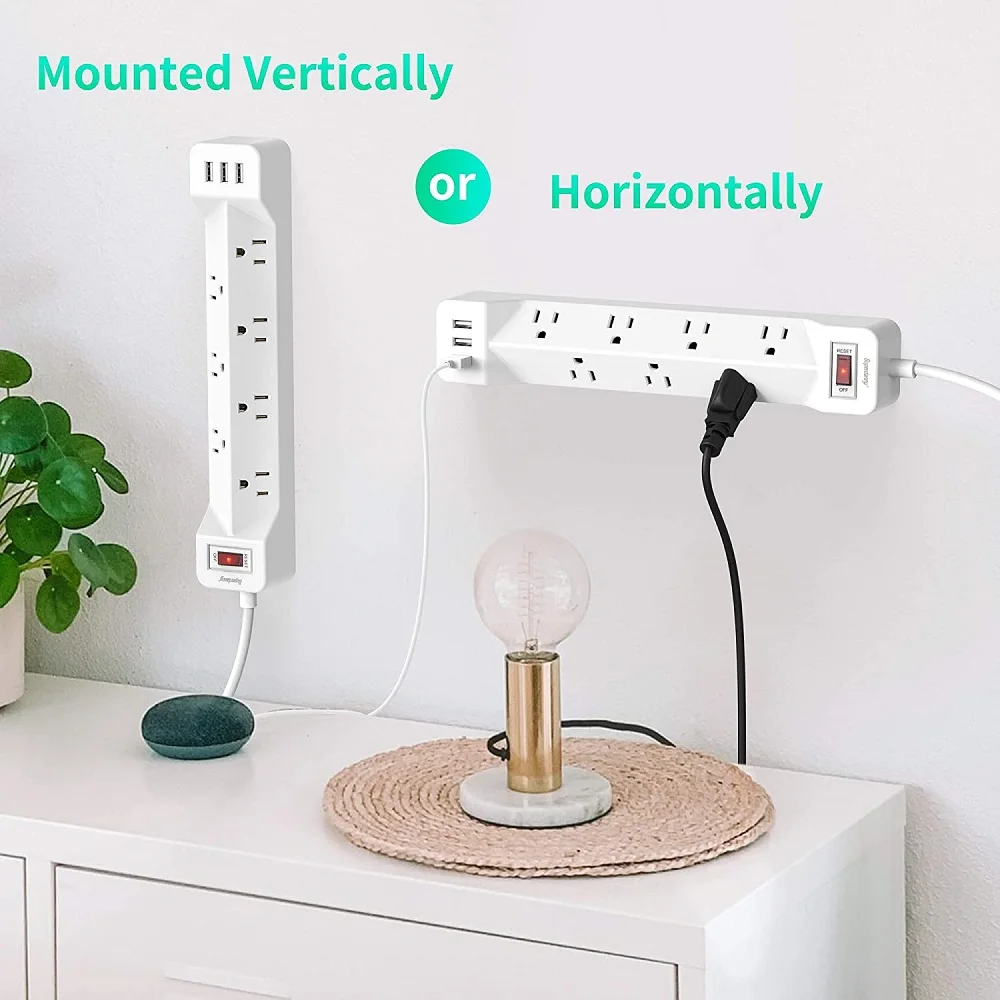 Us Fire-Retardant multi Protection Wide Spaced Outlets 45 Right Angled Flat Plug Mountable Extension Cord Power Strip