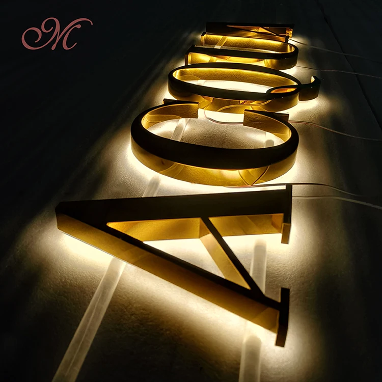 Custom Logo outdoor channel letter signs 3d acrylic metal gold words brand mirror stainless steel signboard