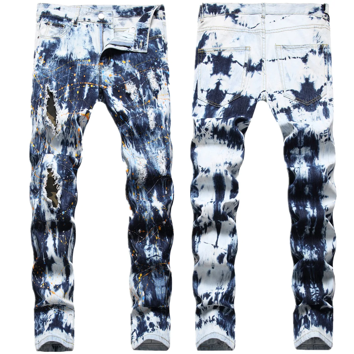 Blue Ripped Jeans for Man Hand Tie Bleached Color Ink Patch Camo Cloth Straight Leg Jeans
