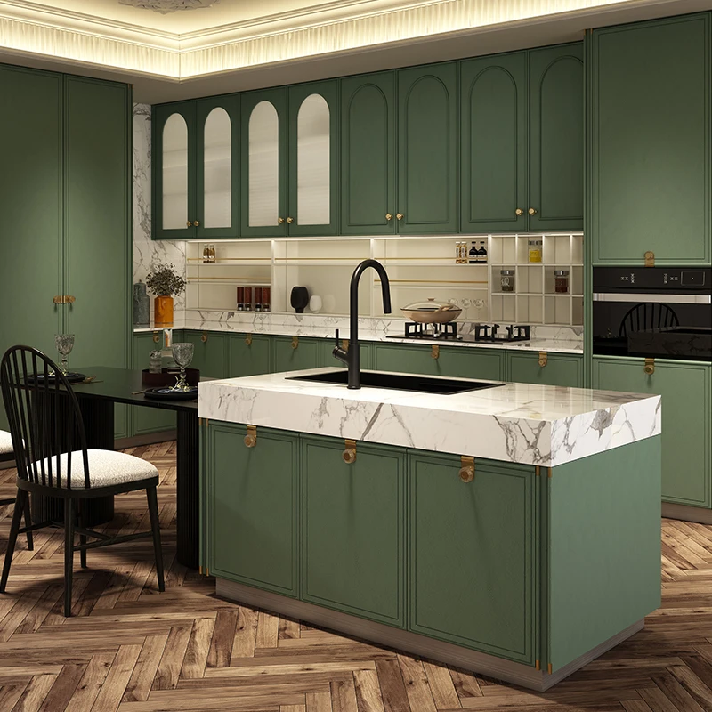 Farmhouse style rustic design mdf kitchen cabinet solid rustic home kitchen cabinets country green olive painting cabinets