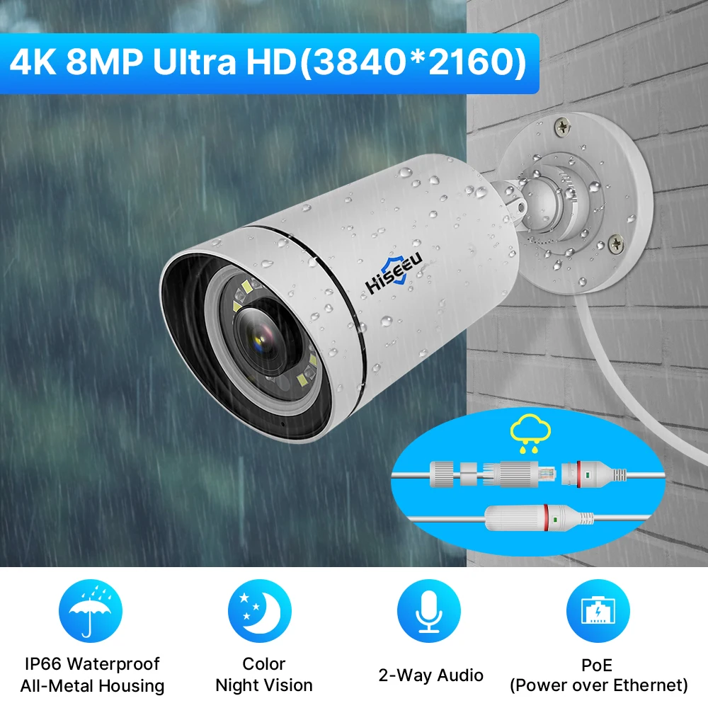 Hiseeu 4K 16CH 8MP двухстороннее аудио Цвет ночного видения Открытый IP уличные 8CH PoE CCTV камеры безопасности Система видеонаблюдения dvr