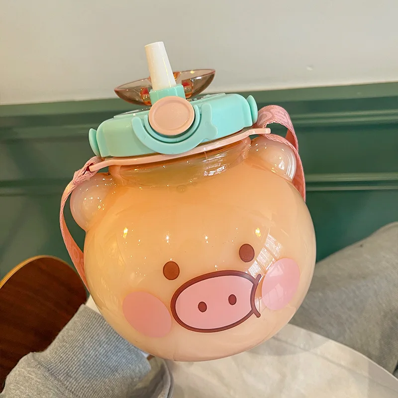 High Quality Cartoon Cute Animal Shaped Kids Plastic Water Bottle With Strap Straw