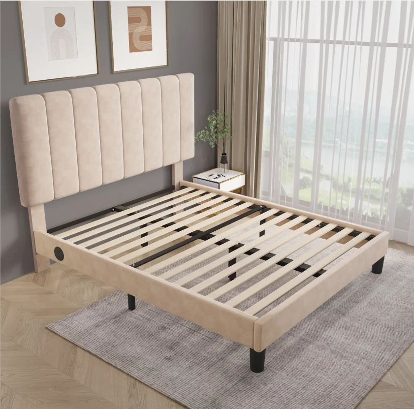Custom Khaki Modern Twin  Bedroom Bed Sets Wrinkle Double Queen king Size Italian Designs Queen Fabric Storage Bed Frame