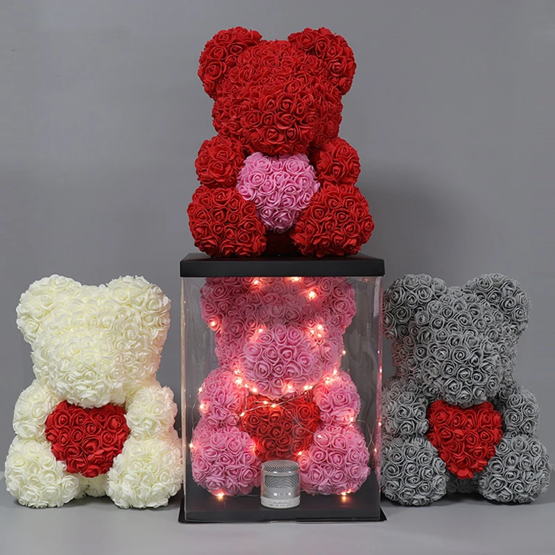Super big PE foam red flower rose bear with heart blue rose teddi bear 70cm with PVC gift box packaging wholesale