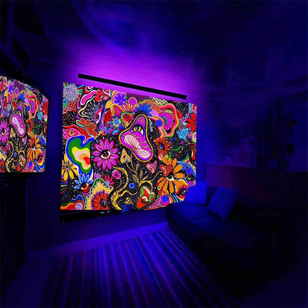 Custom Home Decor Fluorescent Mushroom Wall Hanging Tapestry Glows Under UV Light Night Luminous Mandala Tapestry