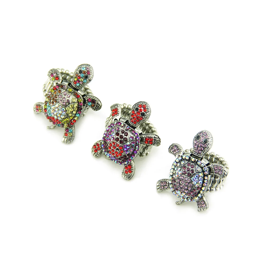 Wholesale Retro Adjustable Zinc Alloy Colorful  Animal Tortoise Crystal Rhinestone Elastic Ring