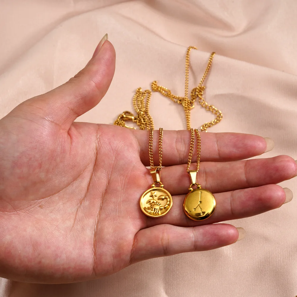 G3327 Wholesale Stainless Steel 18K Gold Plated Round Charm Horoscope Pendant Necklace Fashion Jewelry Zodiac Sign Necklaces