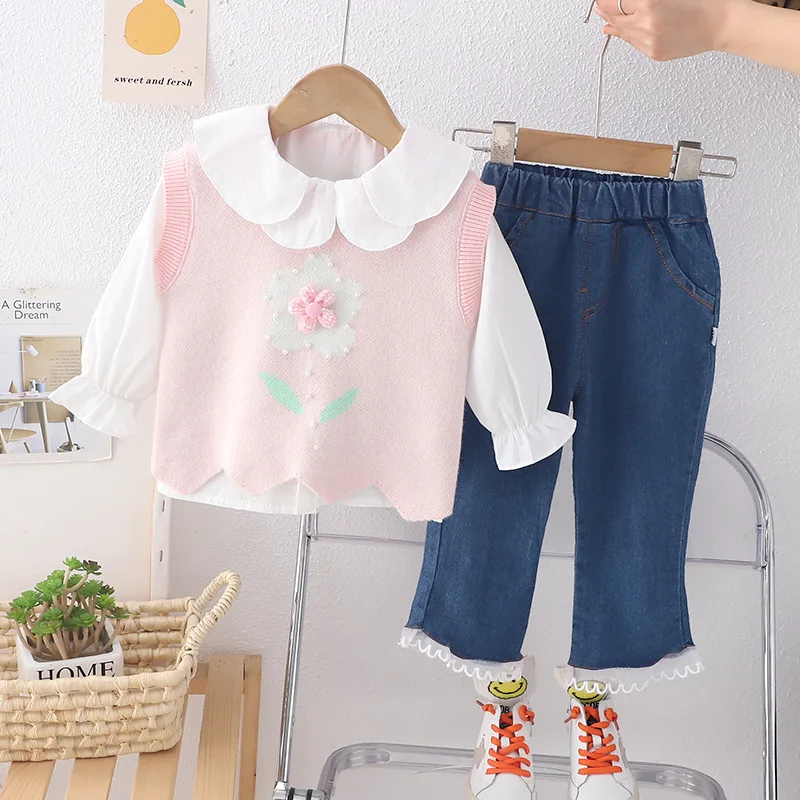 2014 Spring/Autumn New Fashion Pearl Flower Sweater Tank Top Three Piece Set for Girls