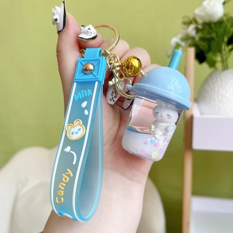 Lilangda Creative Acrylic Liquid Kawaii Keychains Little Rabbit Milk Tea Cup Delicate Nail Clips Accessories Fashion Bag Pendant