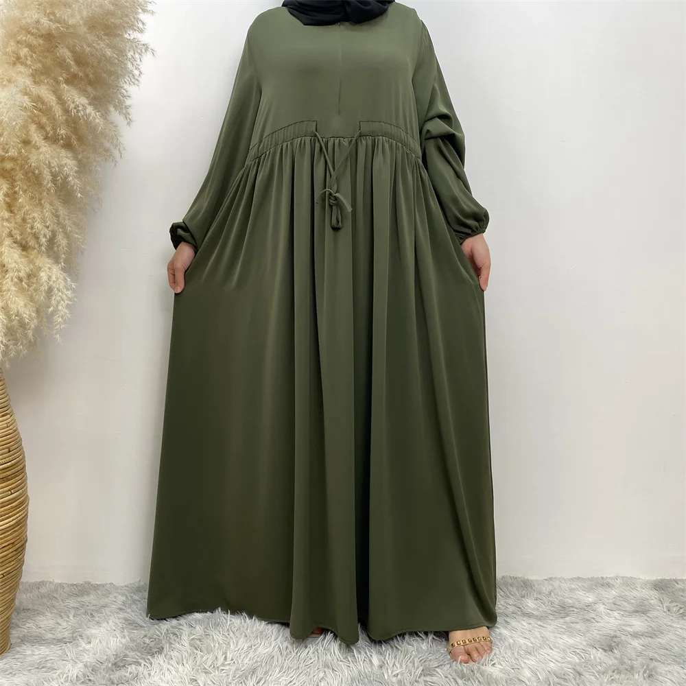6692# New solid color closed abaya long sleeve modest muslim pregnancy abayas with front zip attached small string belt 6 colors