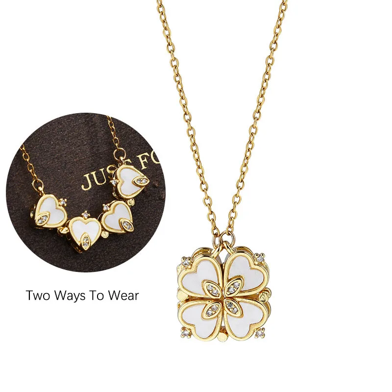 G931 Titanium Steel Chain Gold Plated Jewelry Two Ways To Wear Necklaces Folding Magnet White Shell Four Leaf Clover Necklace