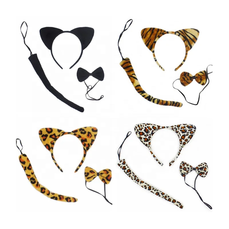 Children Baby Plush Fabric Animal Hair Accessories Cat Ears Leopard Tiger Tail Bow Hair Ties Kids Halloween Head Bands Headband