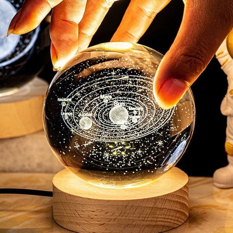 60mm Glass Ball Luminous LED Light Night Light For Solar System Planet Sphere 3D Laser Engraved Galaxy Crystal Ball Wood Base