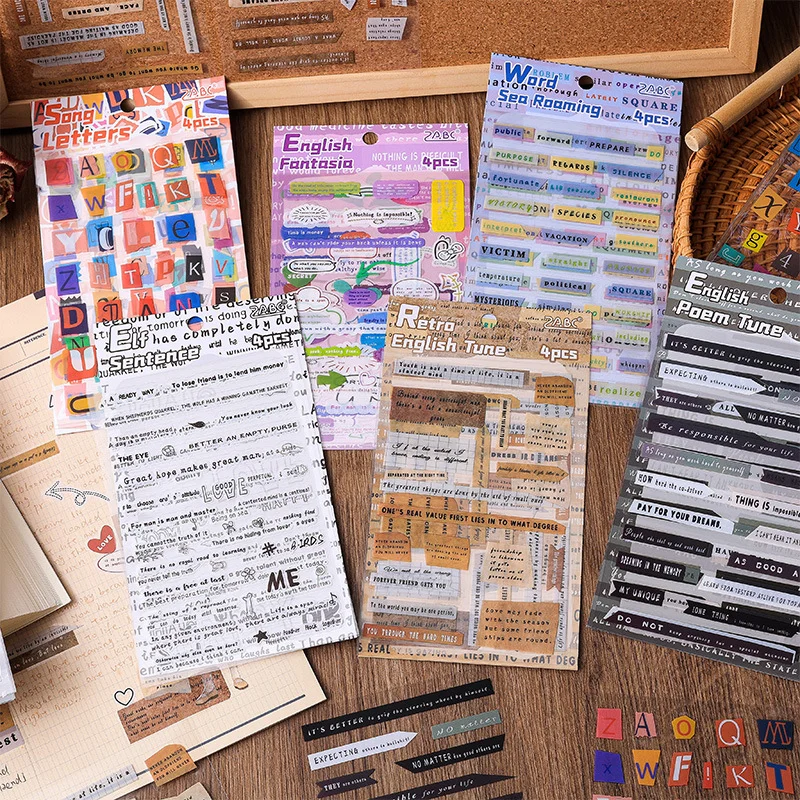 STICKERS PUNK 4 Sheets Vintage Nice Words Sentences English letters Stickers for  Scrapbook Planner Junk Journaling Laptop 05814