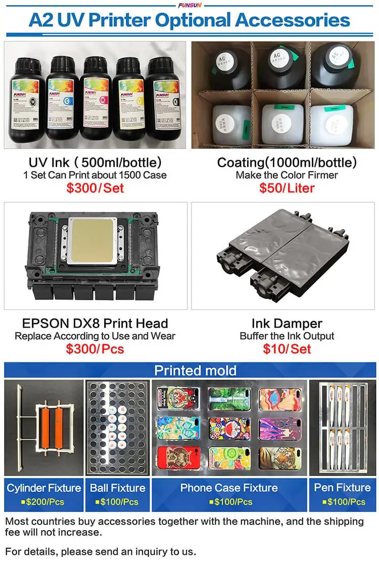 Funsun New A2 UV Printer Phone Case PVC Glass Leather Wood Flatbed UV Printer for All Flat and Cylindrical Wholesale