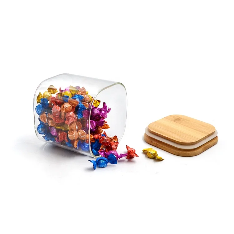 Transparent food spice glass bamboo wooden lid container storage jars for with bamboo cork lid