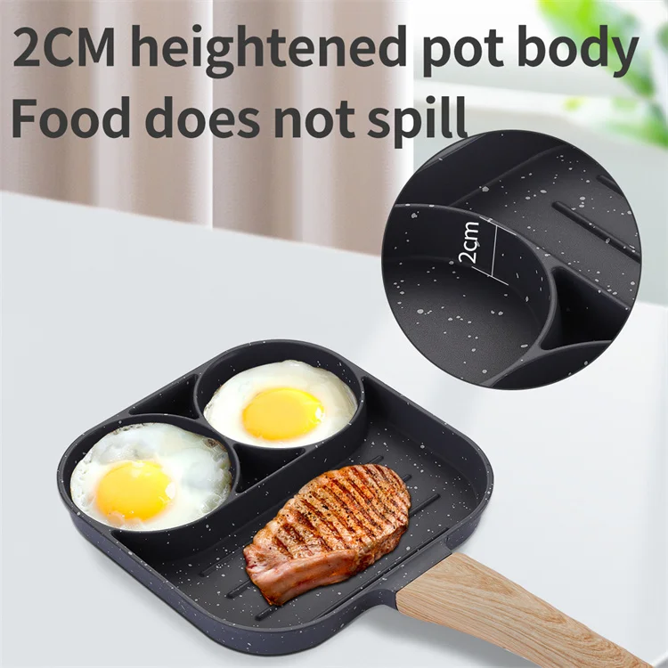 Low price Good quality Three Hole Healthy Egg Frying Pan  with  bakelite wood Handle